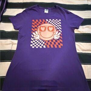 Purple Graphic Smiley Tee with Orange Accents